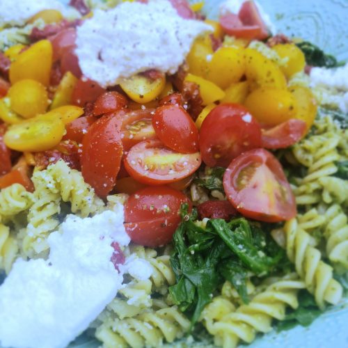 Kale Pesto Pasta with Arugula, Tomatoes and Honey Lemon Ricotta