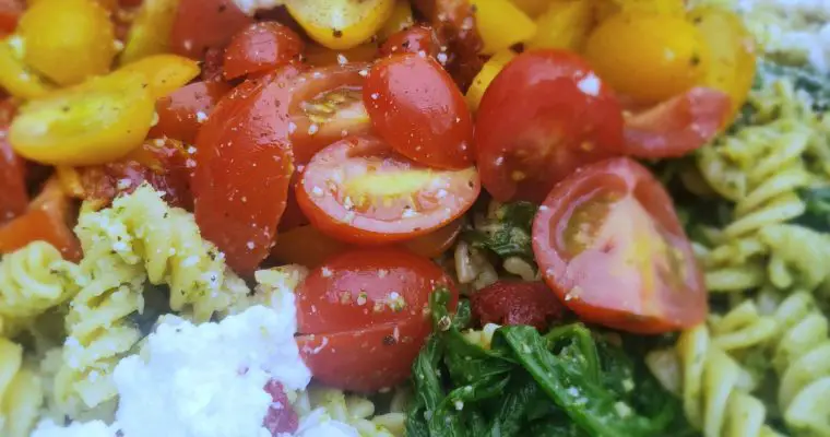 Kale Pesto Pasta with Arugula, Tomatoes and Honey Lemon Ricotta