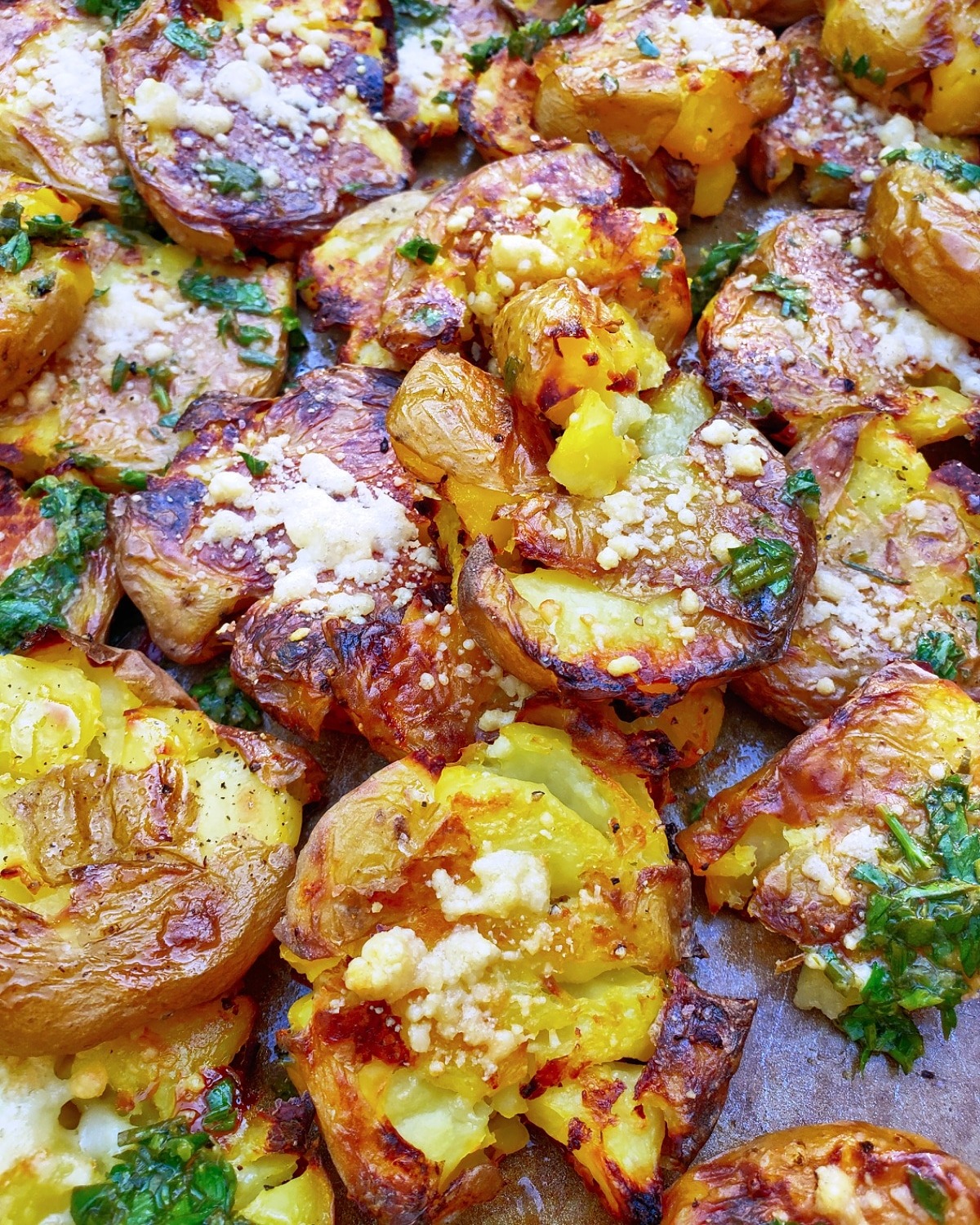 Roasted + Smashed Parmesan Herb Potatoes