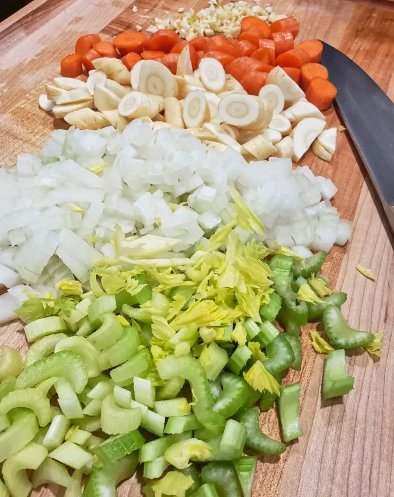 mis en place of vegetables for chicken soup