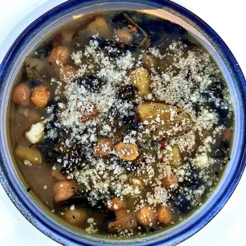 "swiss chard potato and chickpea soup" budget friendly meals, chickpeas, crock pot recipes, fall recipes, family friendly, instant pot, pancetta, potatoes, soup, swiss chard, swiss chard potato chick pea soup, weeknight dinner, weeknight meals, winter recipes