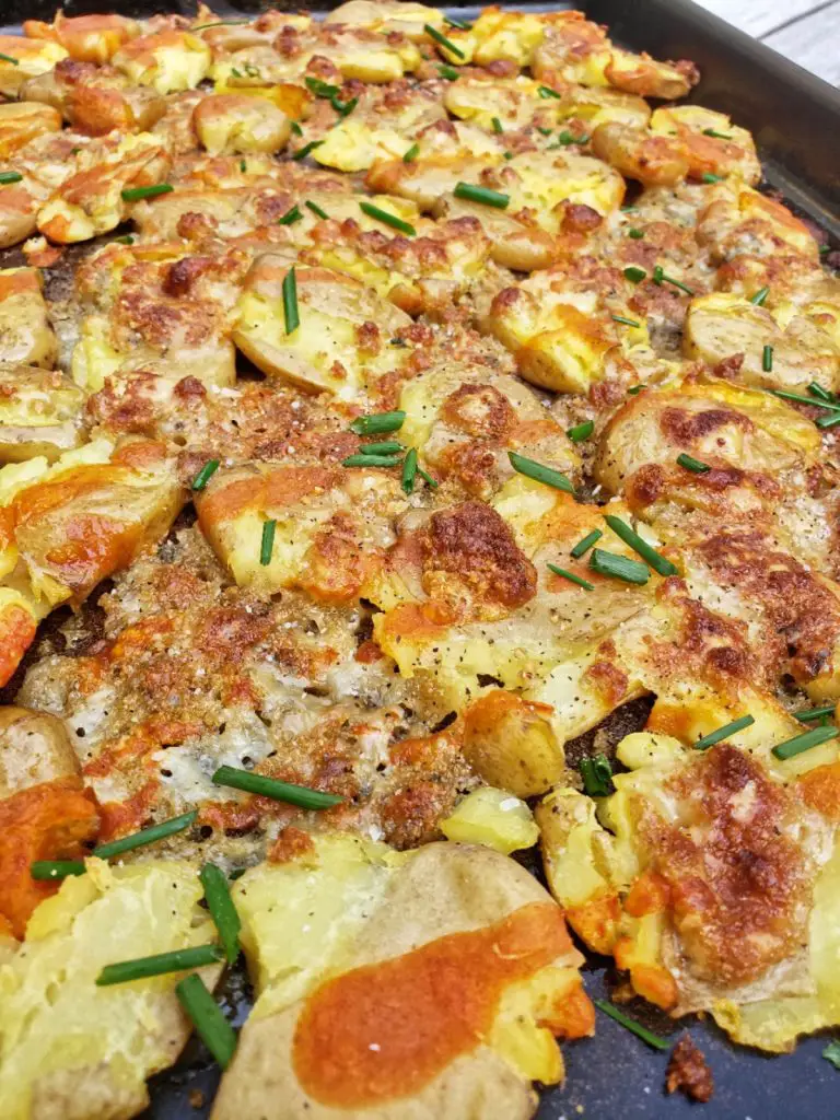crispy baked blue cheese buffalo smashed potatoes
