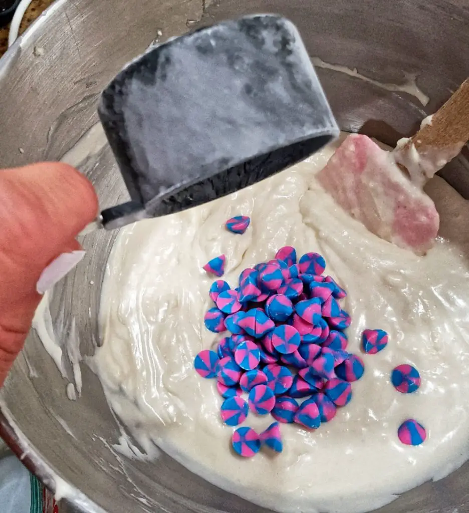 add tollhouse unicorn vanilla morsels to cake batter