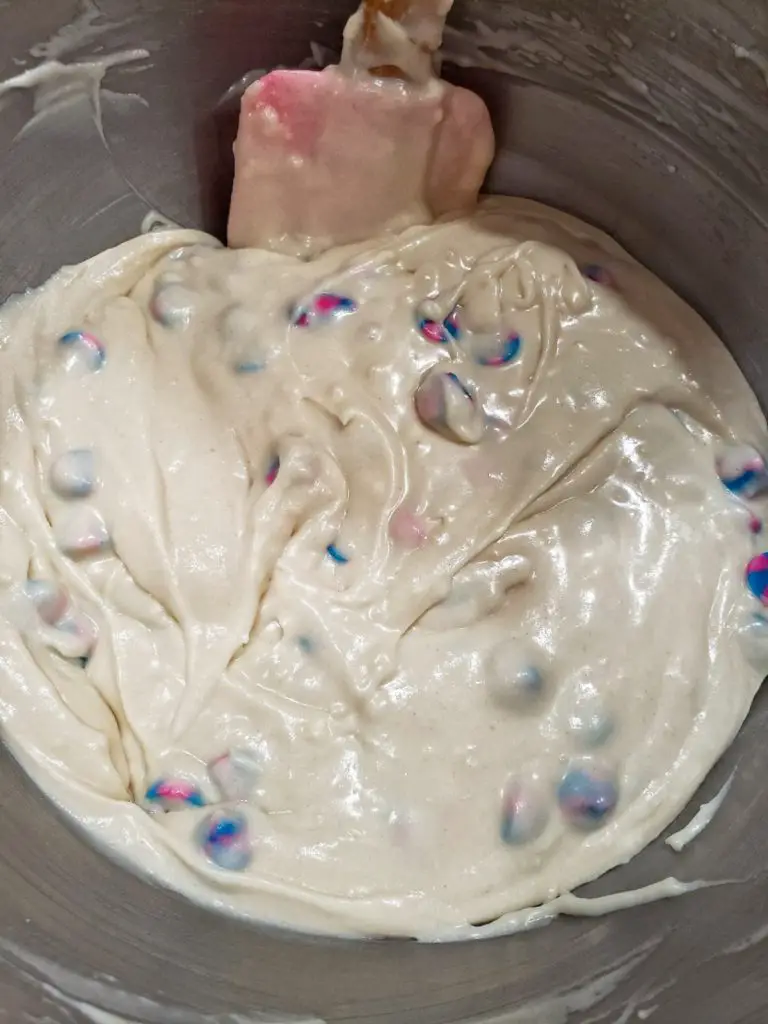 fold the unicorn chips into vanilla cake batter
