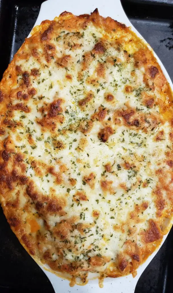 baking dish of baked ziti browned in oven
