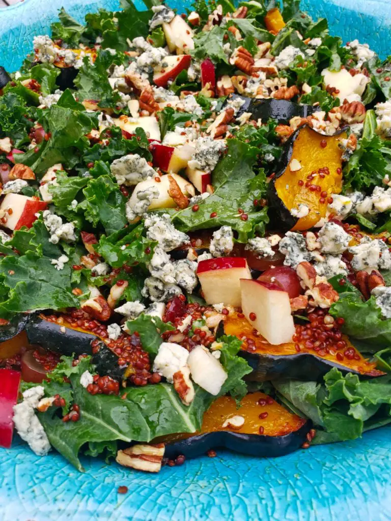 kale harvest salad squash, apples, grapes, quinoa, farro, blue cheese, pecans