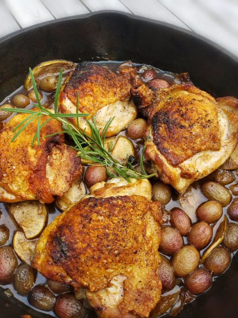 Cast Iron Chicken Thighs with Apple, Grape and Sage Sauce