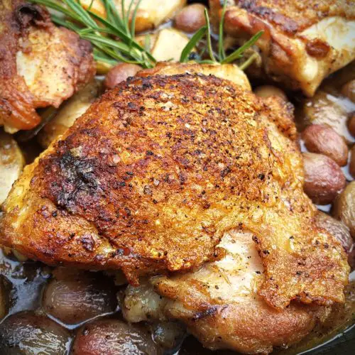 image of crispy Chicken Thighs in a cast iron skillet with Apple, Grape and Sage pan Sauce
