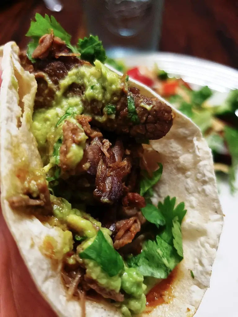barbacoa beef taco with cilantro and smashed avocado