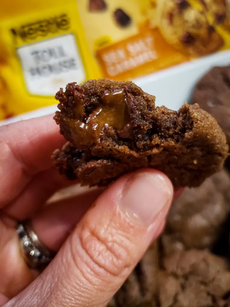 melted caramel in chocolate cookie