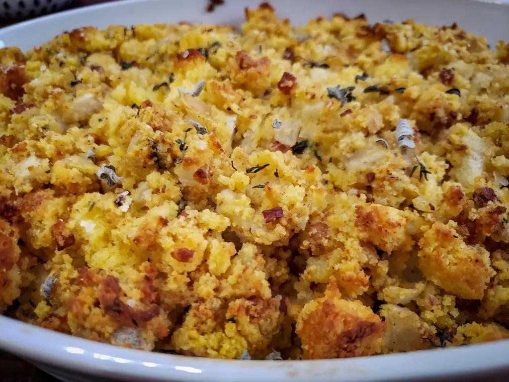 thanksgiving cornbread stuffing with apple, sage, fennel, pancetta