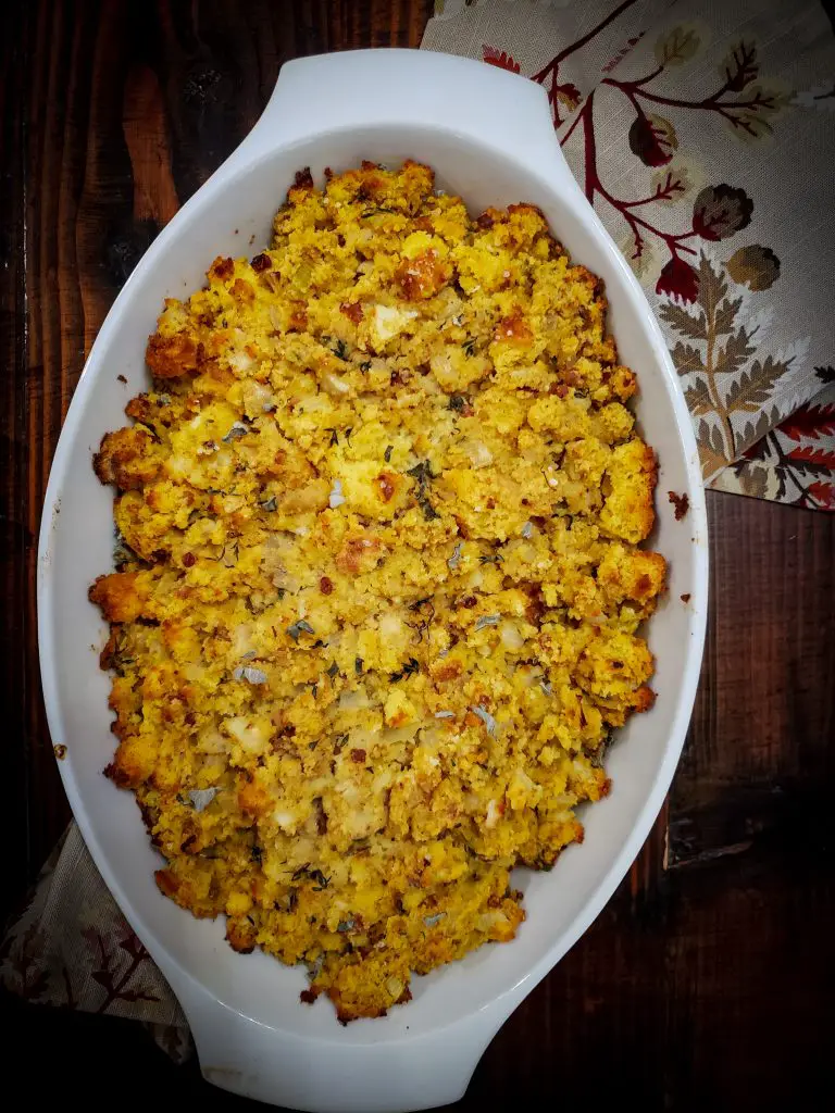 thanksgiving cornbread stuffing with apple, sage, fennel, pancetta