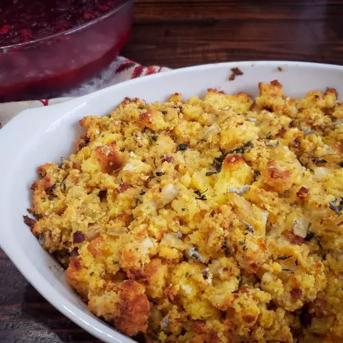 thanksgiving cornbread stuffing with apple, sage, fennel, pancetta