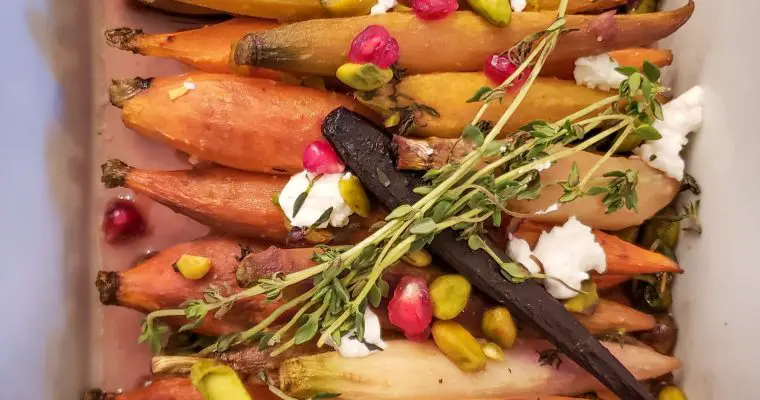 Maple Glazed Carrots with Goat Cheese, Pistachio & Pomegranate
