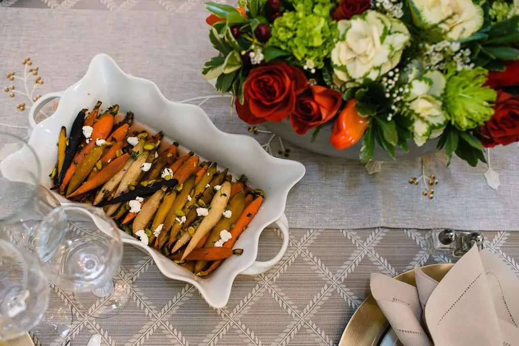 Maple Glazed Carrots with Goat Cheese, Pistachio & Pomegranate