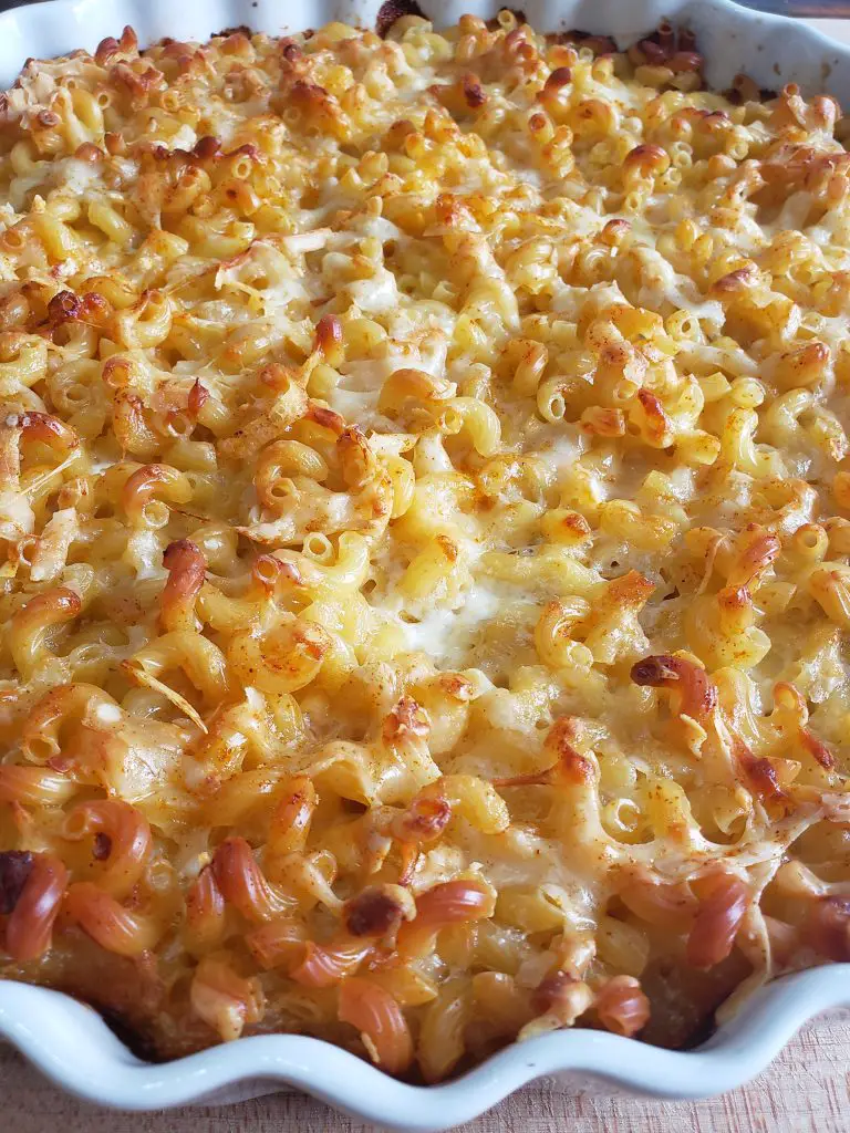 upclose image of easy baked lazy mom mac and cheese