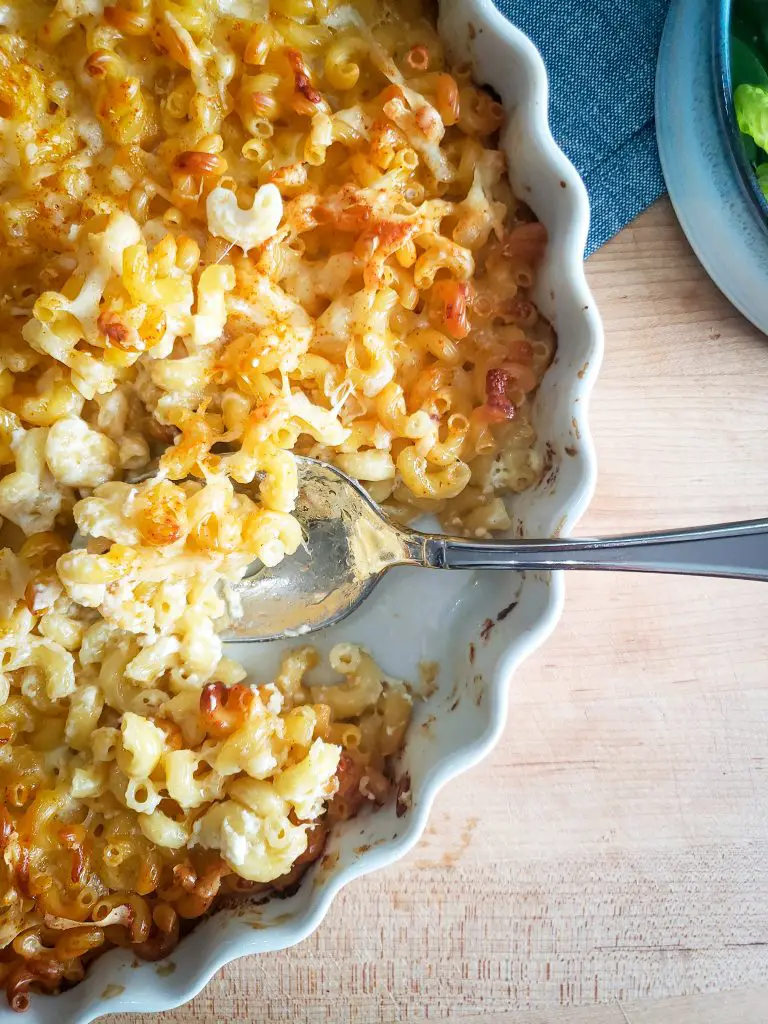 overhead image of spoonful of lazy mom mac and cheese