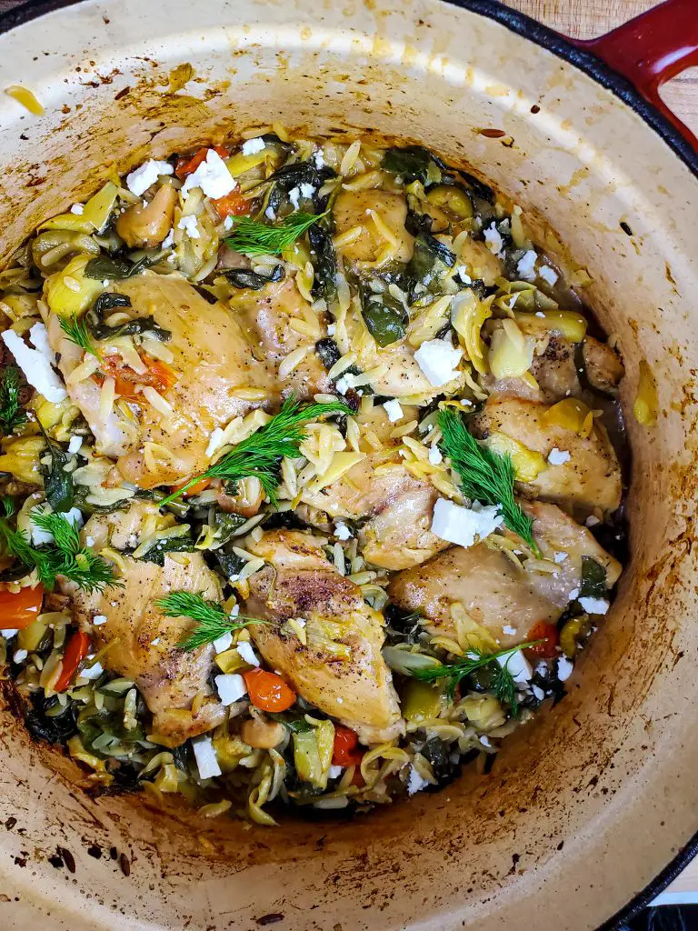  artichoke hearts, chicken and orzo, dutch oven, one pot chicken, one pot dinner, one pot meals, one skillet dinner, orzo, spinach, spinach and artichoke, tomatoes