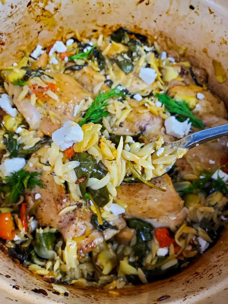 artichoke hearts, chicken and orzo, dutch oven, one pot chicken, one pot dinner, one pot meals, one skillet dinner, orzo, spinach, spinach and artichoke, tomatoes