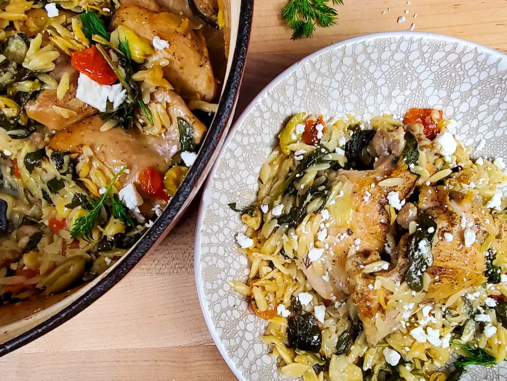  artichoke hearts, chicken and orzo, dutch oven, one pot chicken, one pot dinner, one pot meals, one skillet dinner, orzo, spinach, spinach and artichoke, tomatoes
