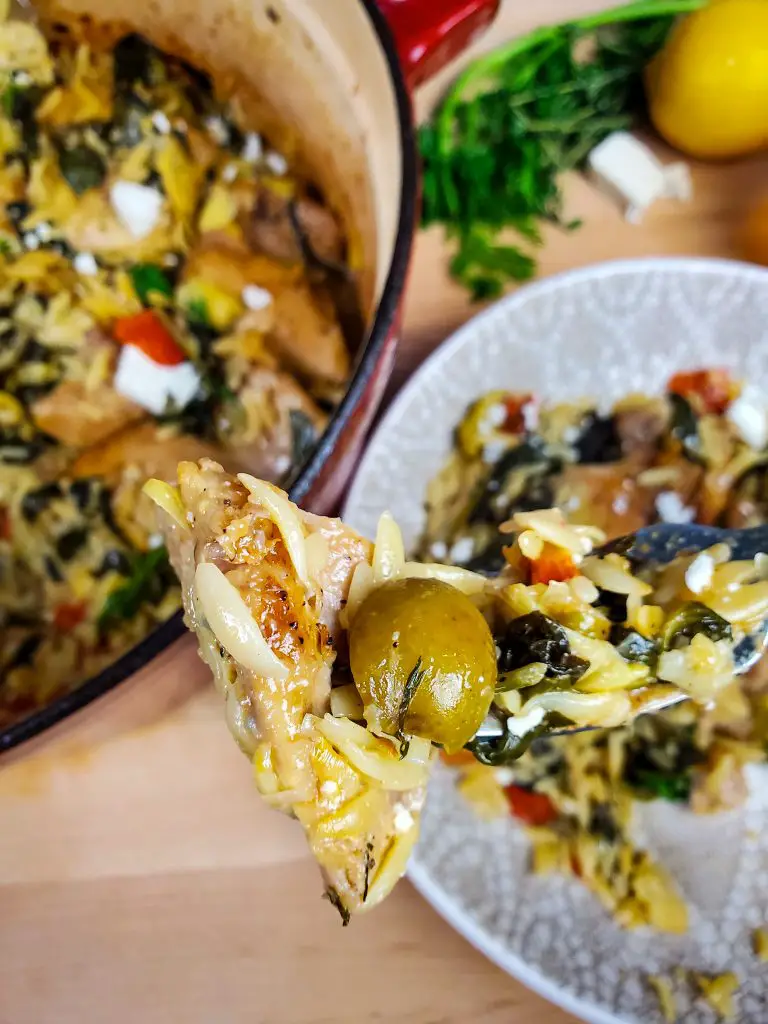  artichoke hearts, chicken and orzo, dutch oven, one pot chicken, one pot dinner, one pot meals, one skillet dinner, orzo, spinach, spinach and artichoke, tomatoes