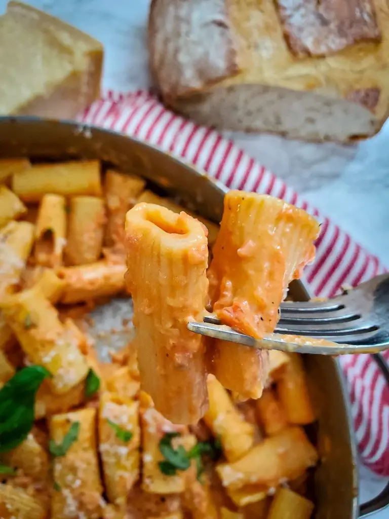 up close image of fork with rigatoni vodka sauce with pancetta