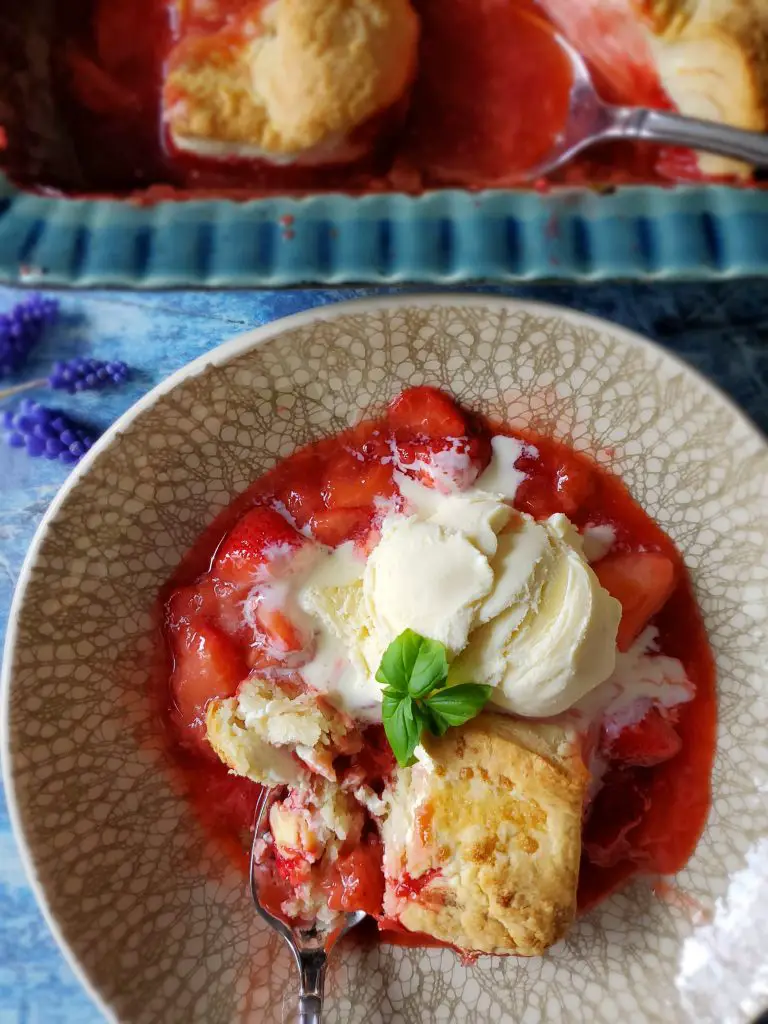 Basil & Bourbon Strawberry Cobbler with Cream Cheese Biscuits