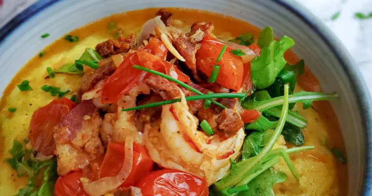 Chorizo & Bacon Shrimp over Cheddar-Chive Grits