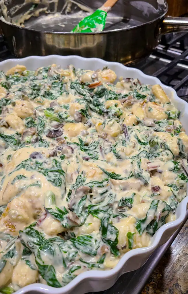 image of unbaked Swiss Chard and Baby Bella Gnocchi Gratin