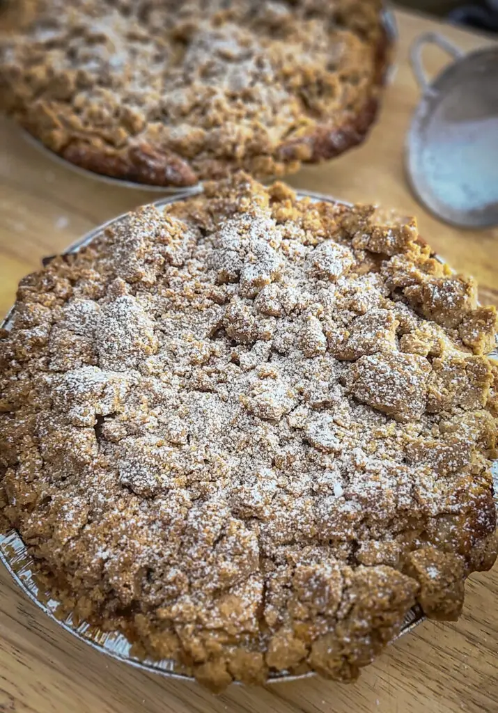 image of powder sugar dusted apple cinnamon crumb cake