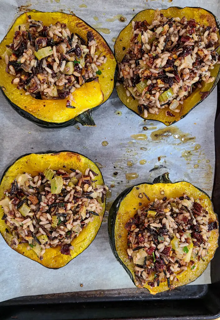 Fill par-roasted squash cavities with wild rice medley