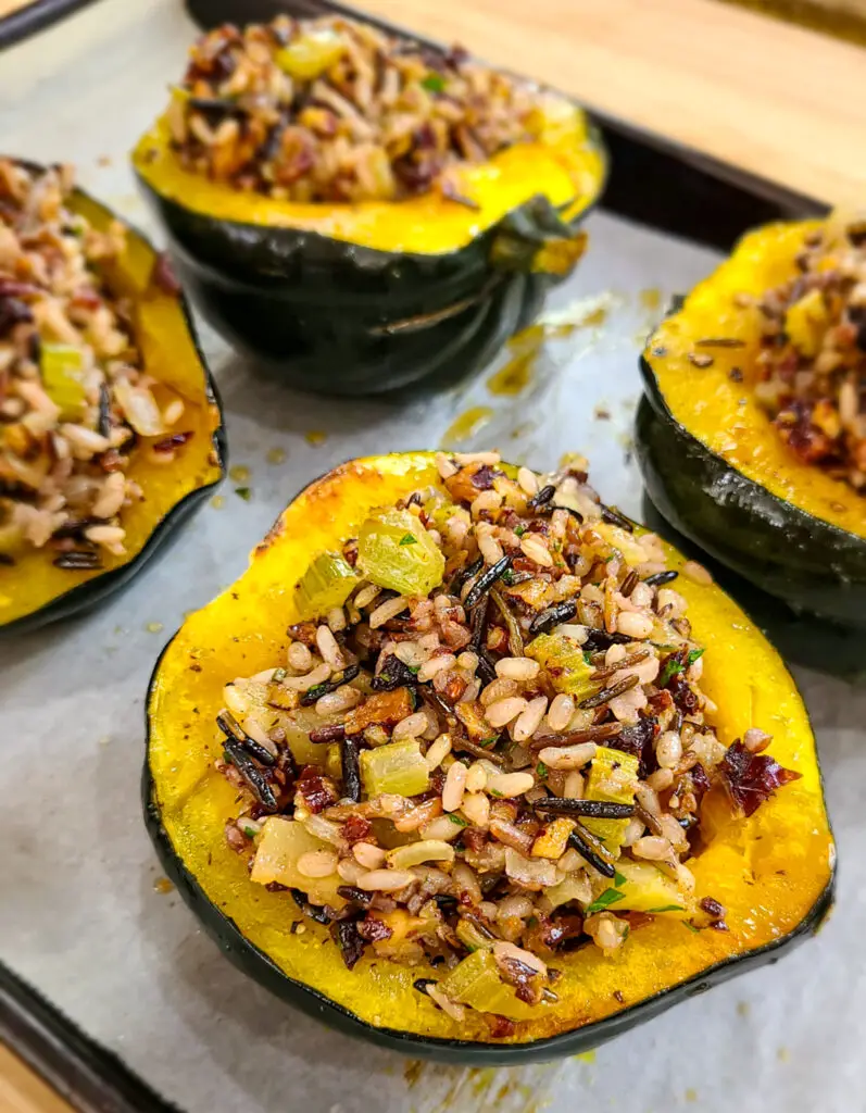 Fill par-roasted squash cavities with wild rice medley