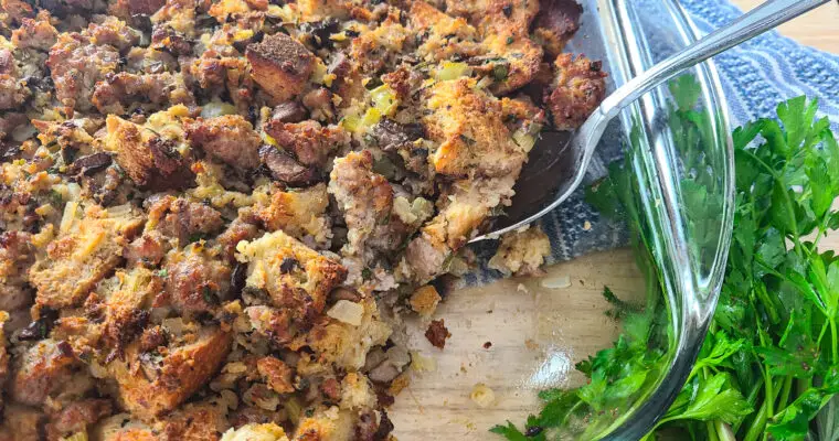 Herb Sourdough Stuffing with Sausage, Mushrooms, and Goat Cheese