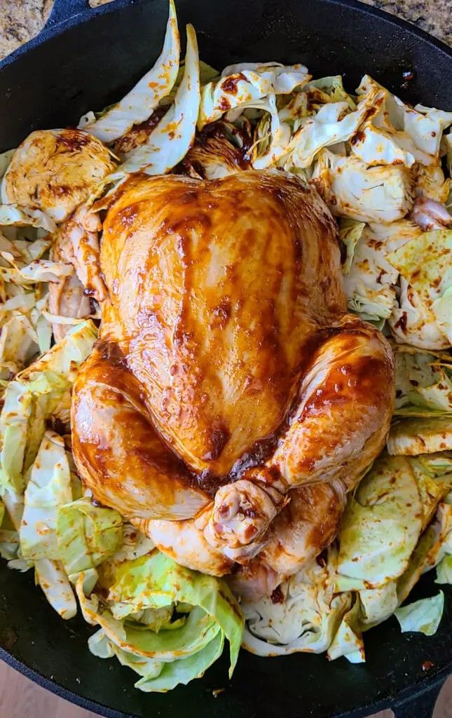 trussed whole chicken brushes with gochujang rub set in cast iron pan with raw cabbage slices