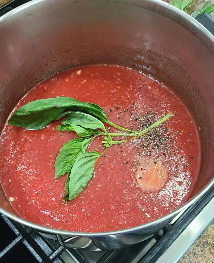 image of homemade marinara sauce in pot with basil leave on top