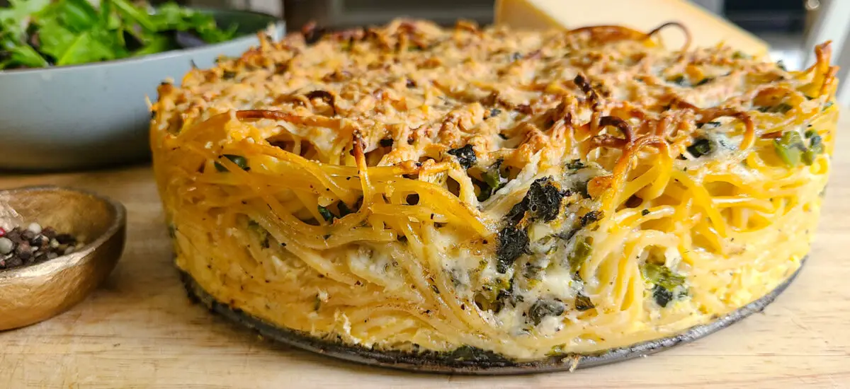 Baked Spaghetti Frittata Pie with Broccoli Rabe